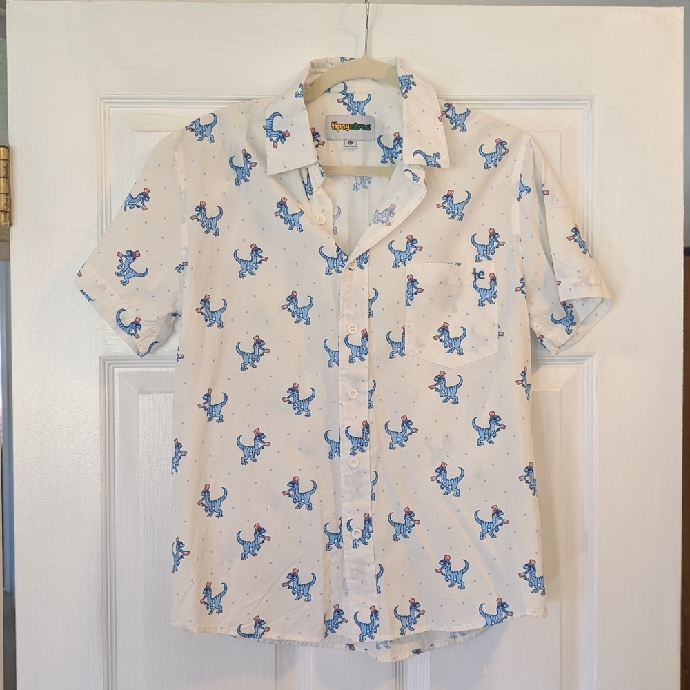 Tipsy Elves White Button-Down Shirt with Blue Dinosaur Print